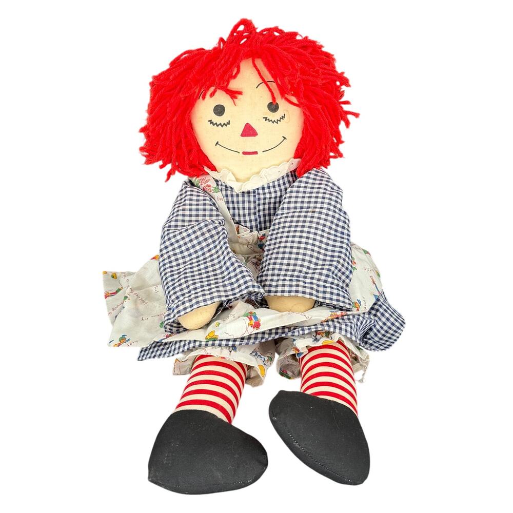 Vintage 24 Inch Raggedy Ann Cloth Doll Handmade Red Yarn Hair Striped Legs Dress